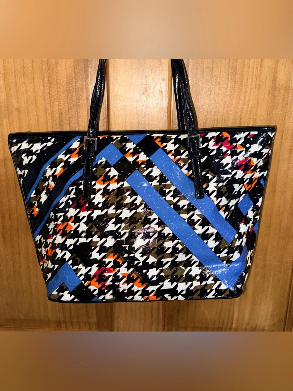 Nine West Black Patent Houndstooth Tote with Blue & Orange Accents & ID Wallet